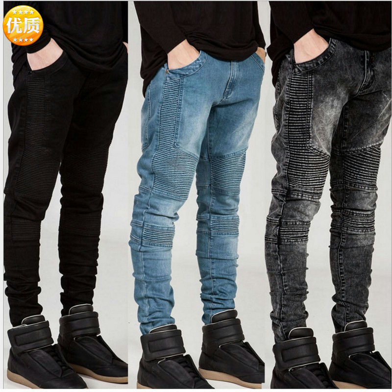 Cross-border foreign trade BIKER JEANS fashion brand motorcycle pants ebay pleated slim fit skinny stretch European and American JEANS