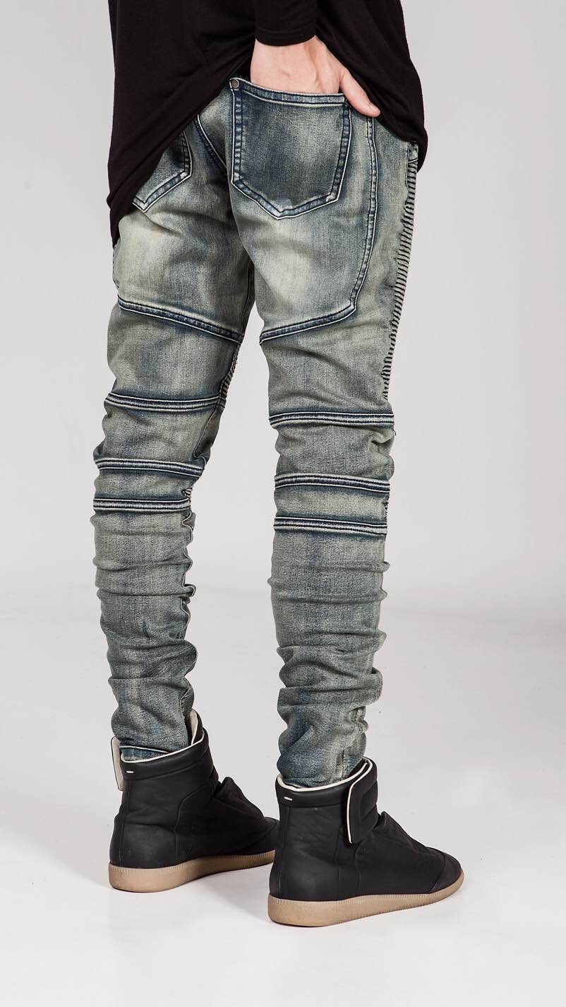 Cross-border foreign trade BIKER JEANS fashion brand motorcycle pants ebay pleated slim fit skinny stretch European and American JEANS