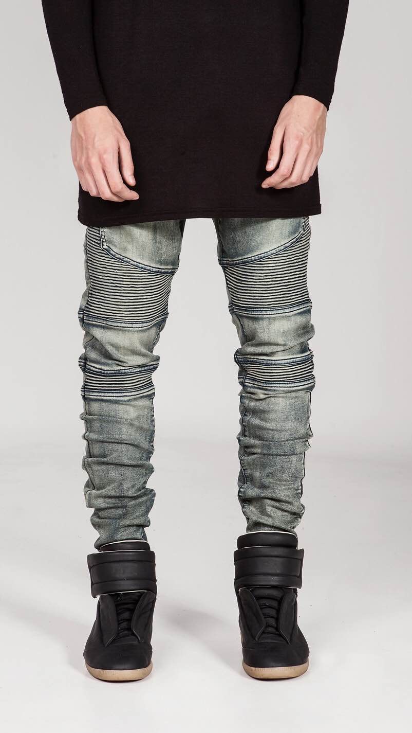 Cross-border foreign trade BIKER JEANS fashion brand motorcycle pants ebay pleated slim fit skinny stretch European and American JEANS