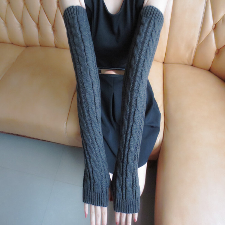 Yifan Autumn and Winter Outdoor Travel Warm Cold-proof Solid Color Twist Long Half-finger Elastic Sleeve Knitted Arm Cover for Women_voghion.com