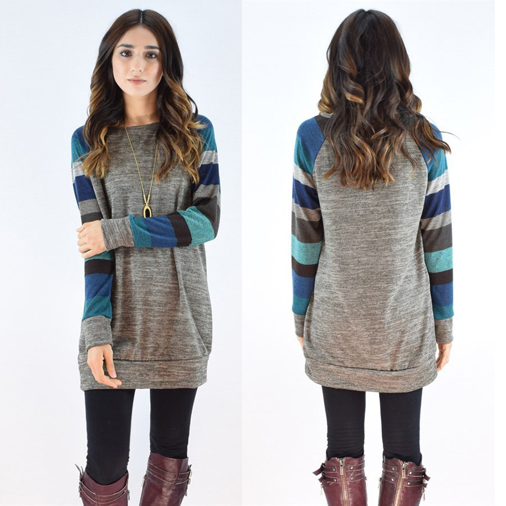 2023 Spring and Autumn wish Hot Sale Large Size Women's Clothing Color-matching Raglan Long-sleeve Casual Sweater Striped Printed Round Neck T-shirt