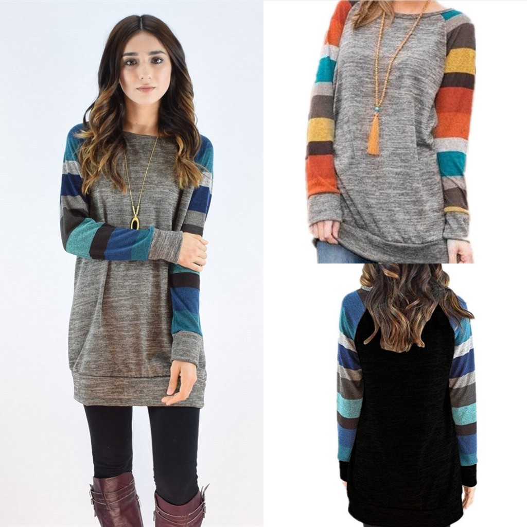 2023 Spring and Autumn wish Hot Sale Large Size Women's Clothing Color-matching Raglan Long-sleeve Casual Sweater Striped Printed Round Neck T-shirt