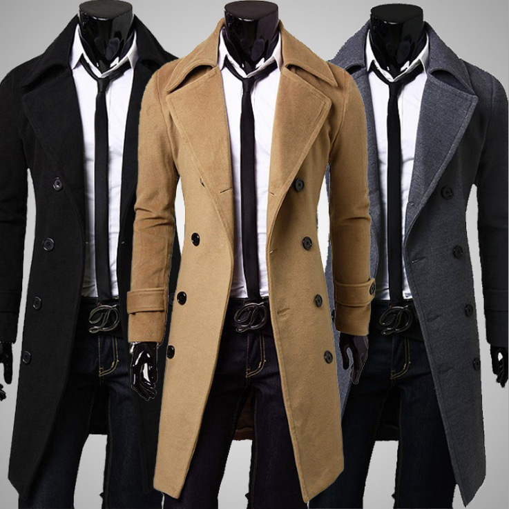 [M-4XL] Cross-border Autumn and Winter Long Double-breasted Windbreaker Men's Wool Coat Slim Fit Wool Coat Men