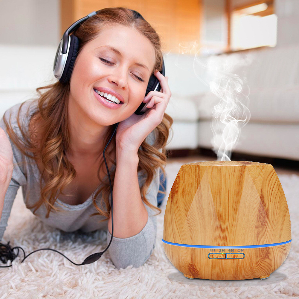 550ml Diamond octagonal wood grain ultrasonic remote control aromatherapy machine creative novel household water supplement air plug