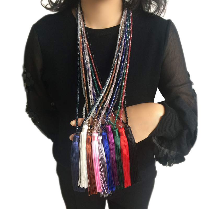 10 Color Velvet Pendant Crystal Beaded Necklace Tassel Woolen Chain Women's European and American Handmade Long Necklace Jewelry