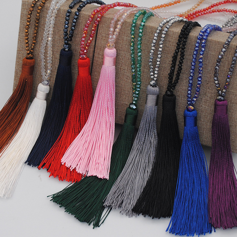 10 Color Velvet Pendant Crystal Beaded Necklace Tassel Woolen Chain Women's European and American Handmade Long Necklace Jewelry