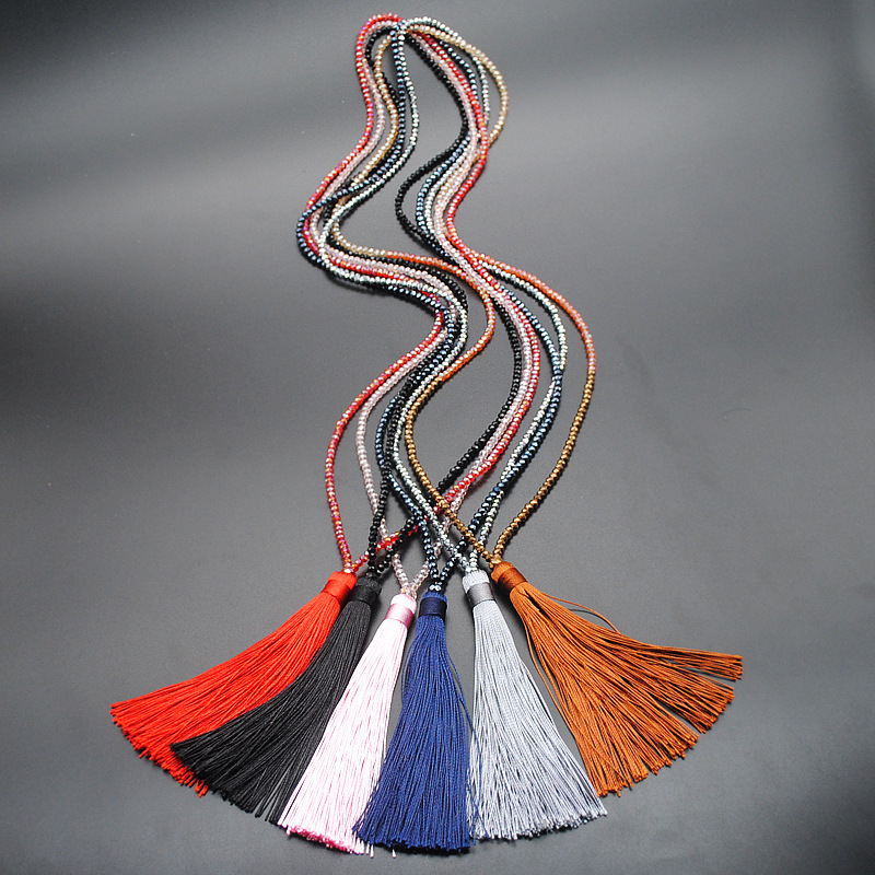 10 Color Velvet Pendant Crystal Beaded Necklace Tassel Woolen Chain Women's European and American Handmade Long Necklace Jewelry