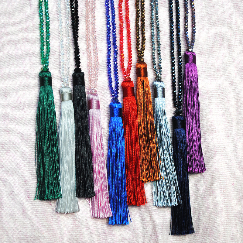 10 Color Velvet Pendant Crystal Beaded Necklace Tassel Woolen Chain Women's European and American Handmade Long Necklace Jewelry