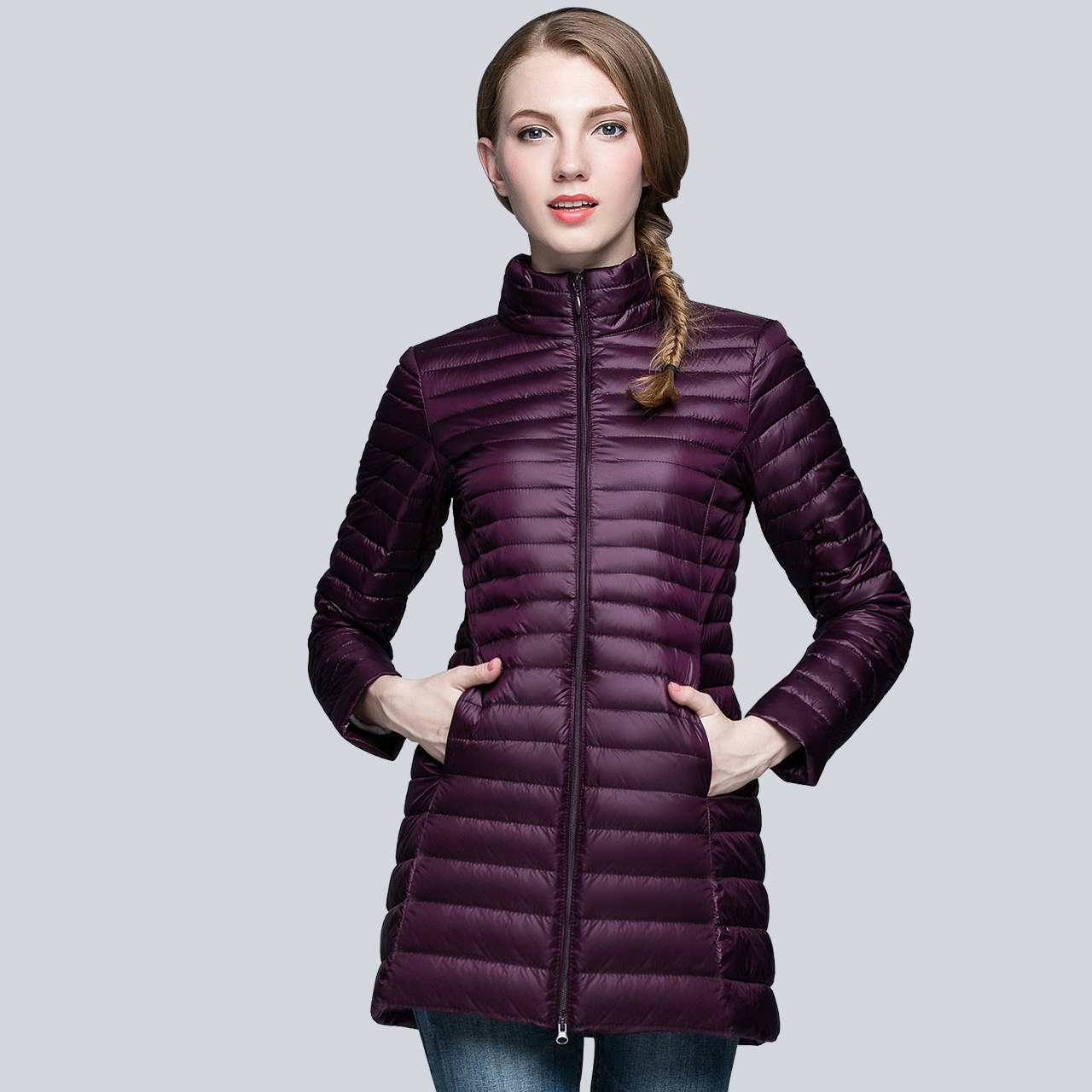 2023 Autumn and Winter Lightweight Down Jacket Women's Vertical Collar Mid-length Slim-fit Jacket Slim-fit Slim-fit Portable Winter Fashion