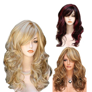 Explosive European and American high temperature silk wig oblique bangs big wave roll wig highlights red