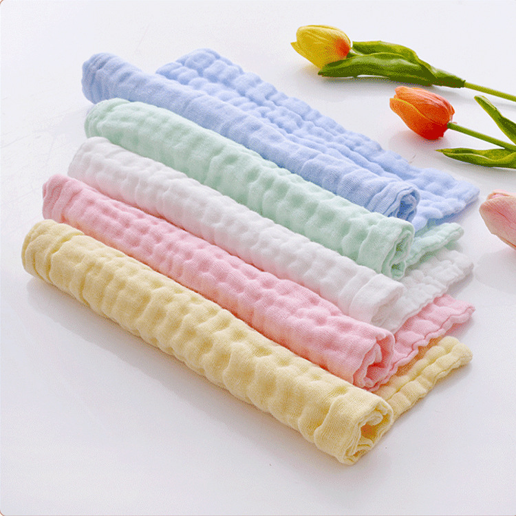 Factory wholesale cotton six-layer gauze small square baby pleated seersucker small towel saliva towel