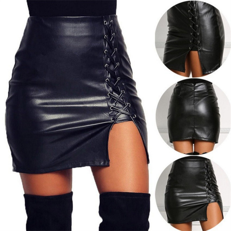 2023 Foreign Trade Explosions European and American Skirt Strap Bottom Split Uncracked PU Leather Skirt Hip Skirt