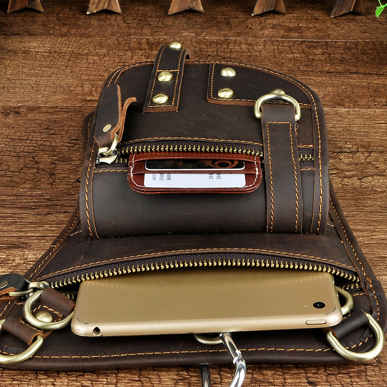 Top layer oil wax skin Foreign Trade men's Liu Ding punk mobile phone outdoor 7 inch shoulder bag with hook waist bag T2141