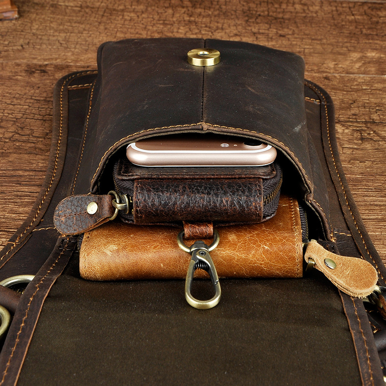 Top layer oil wax skin Foreign Trade men's Liu Ding punk mobile phone outdoor 7 inch shoulder bag with hook waist bag T2141