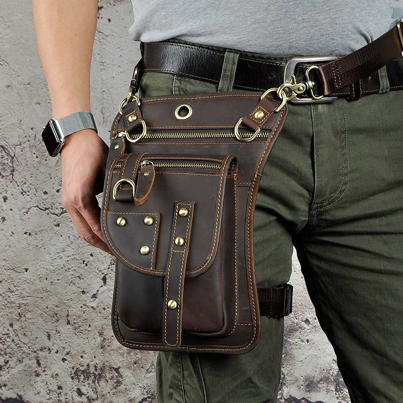 Top layer oil wax skin Foreign Trade men's Liu Ding punk mobile phone outdoor 7 inch shoulder bag with hook waist bag T2141