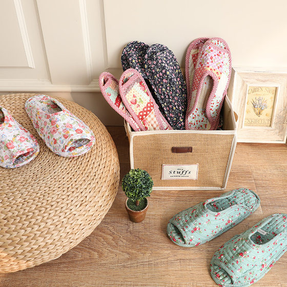 New Korean pastoral fabric home cotton slippers machine washable cotton fabric quilted warm soft bottom non-slip shoes wholesale