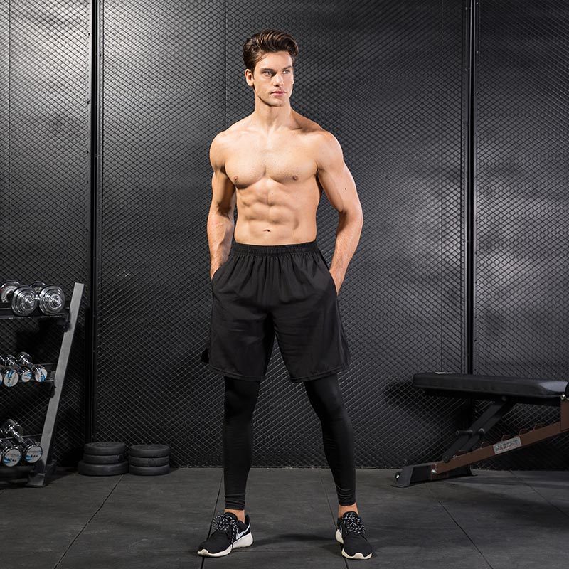 Men's Tight Pants Fake Two-piece Fitness Sports Running Training Amazon Casual Elastic Quick-drying Pants 7010