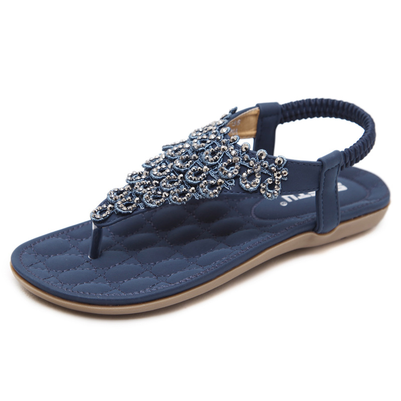 New 2024 Amazon summer sandals lace rhinestone Bohemia foreign trade large size rubber flat shoes wholesale