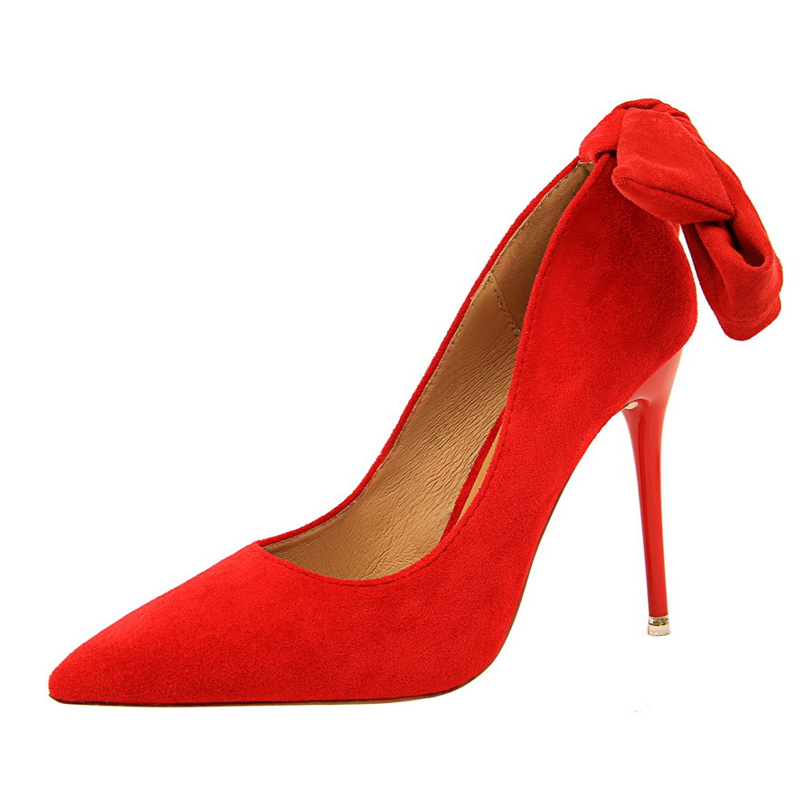 European Style Ultra High Thin Heel Simple Velvet Surface Shallow Mouth Pointed Toe Single Shoe Bow Tie High Heel Shoes