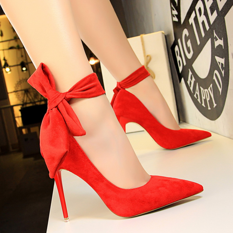 1717-3 European and American Style Super High Heel Thin Heel Simple Suede Shallow Mouth Pointed Shoes with Bow High Heels