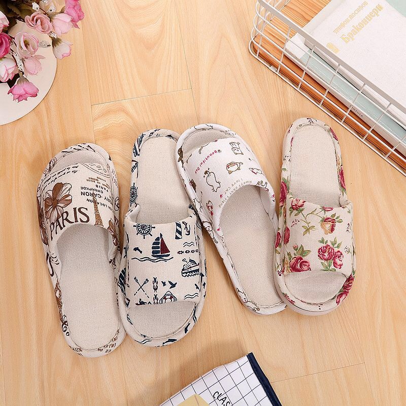 Spring, autumn and summer thick-soled non-slip wear-resistant flower linen slippers for home indoor and outdoor men and women cotton and linen four-season sandals wholesale