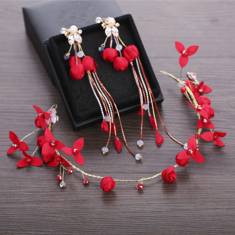 New Red Rose Dress Tiara Hair Band Chinese Bridal Tiara Tassel Earrings Toast Dress Wedding Dress