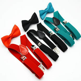 Factory direct spot children's solid color strap clip + bow tie set kindergarten performance suspenders