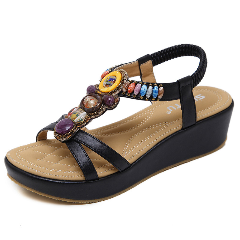 Summer 2024 Ethnic Style Sandals Women Cross-border Bohemian Beach Wedge Retro Beaded Large Size Women's Shoes Wholesale