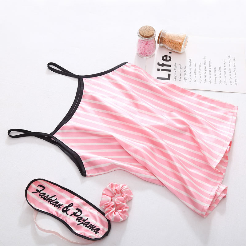 Four Seasons Silk Pajamas Women's Summer Seven-Piece Set Spring Long-Sleeved Shorts Sling Striped Ice Silk Home Clothes Set