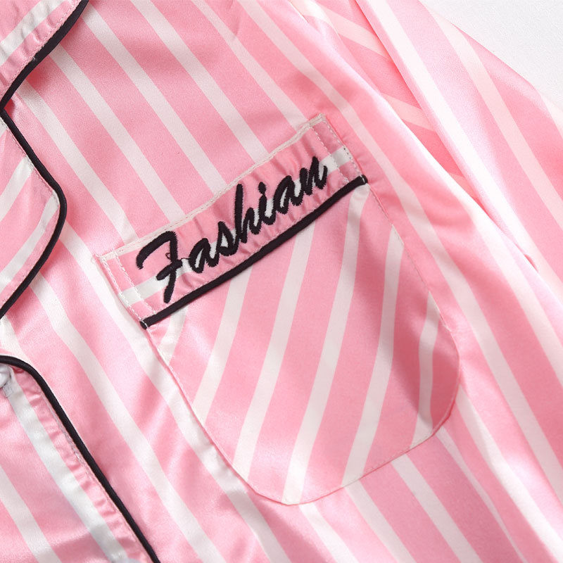 Four Seasons Silk Pajamas Women's Summer Seven-Piece Set Spring Long-Sleeved Shorts Sling Striped Ice Silk Home Clothes Set