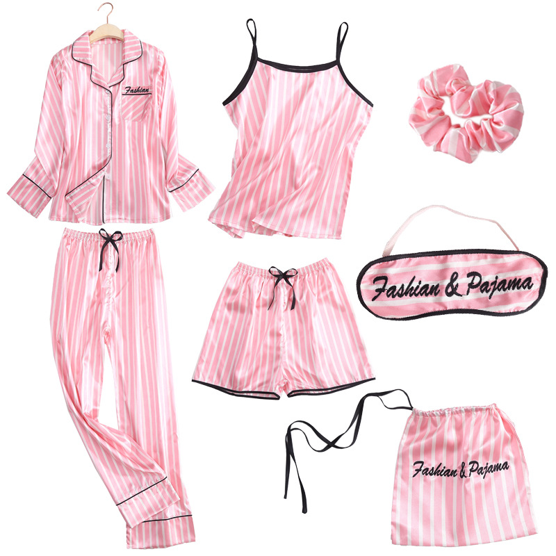 Four Seasons Silk Pajamas Women's Summer Seven-Piece Set Spring Long-Sleeved Shorts Sling Striped Ice Silk Home Clothes Set