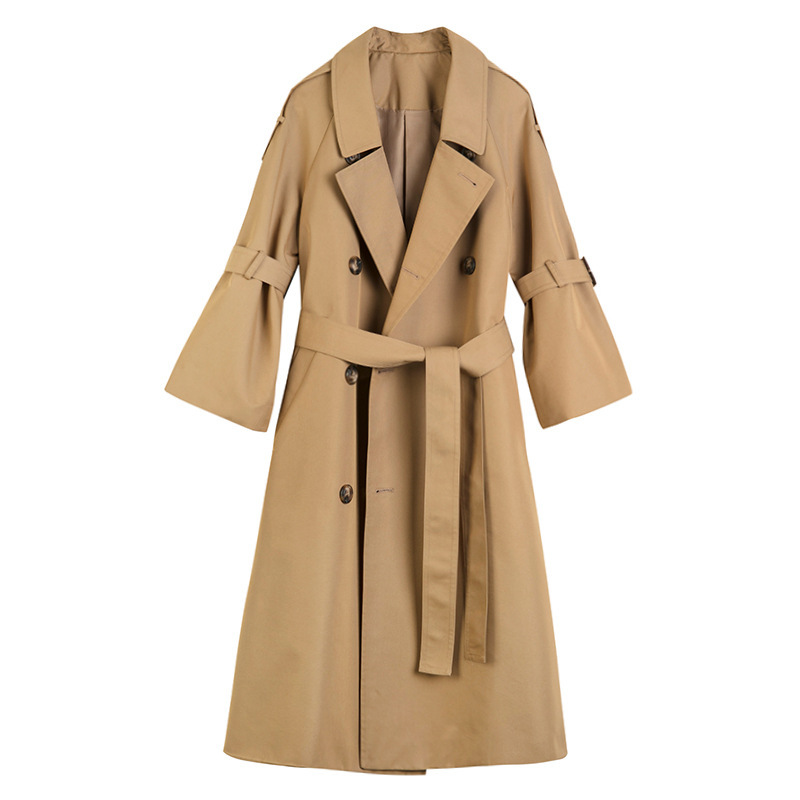 Autumn 2023 New Arrival Trenchcoat Women's Horn Sleeve Korean Mid-length Knee-length Loose Lace-up Coat Double-breasted Jacket
