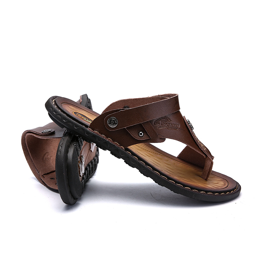 Cross-border New Clip Flip-flops Beach Large Size Cross-border Men's Leather Slip-Flops