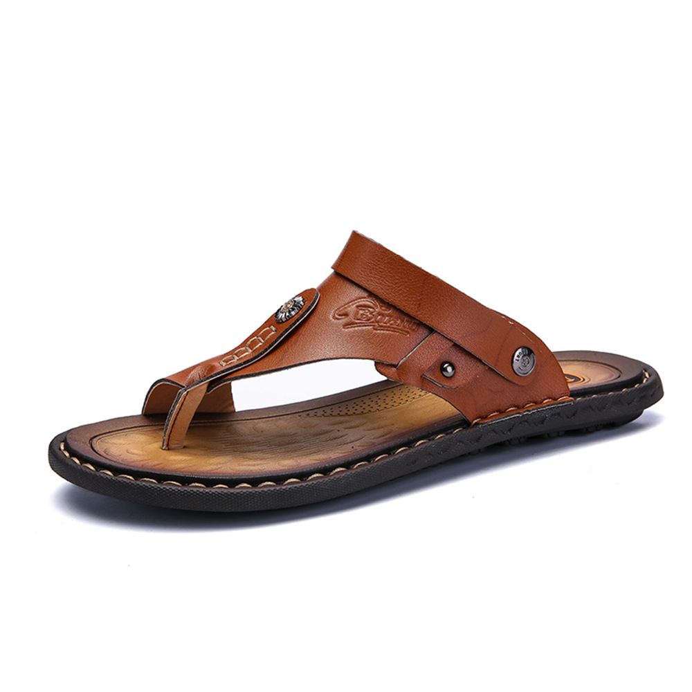 Cross-border New Clip Flip-flops Beach Large Size Cross-border Men's Leather Slip-Flops