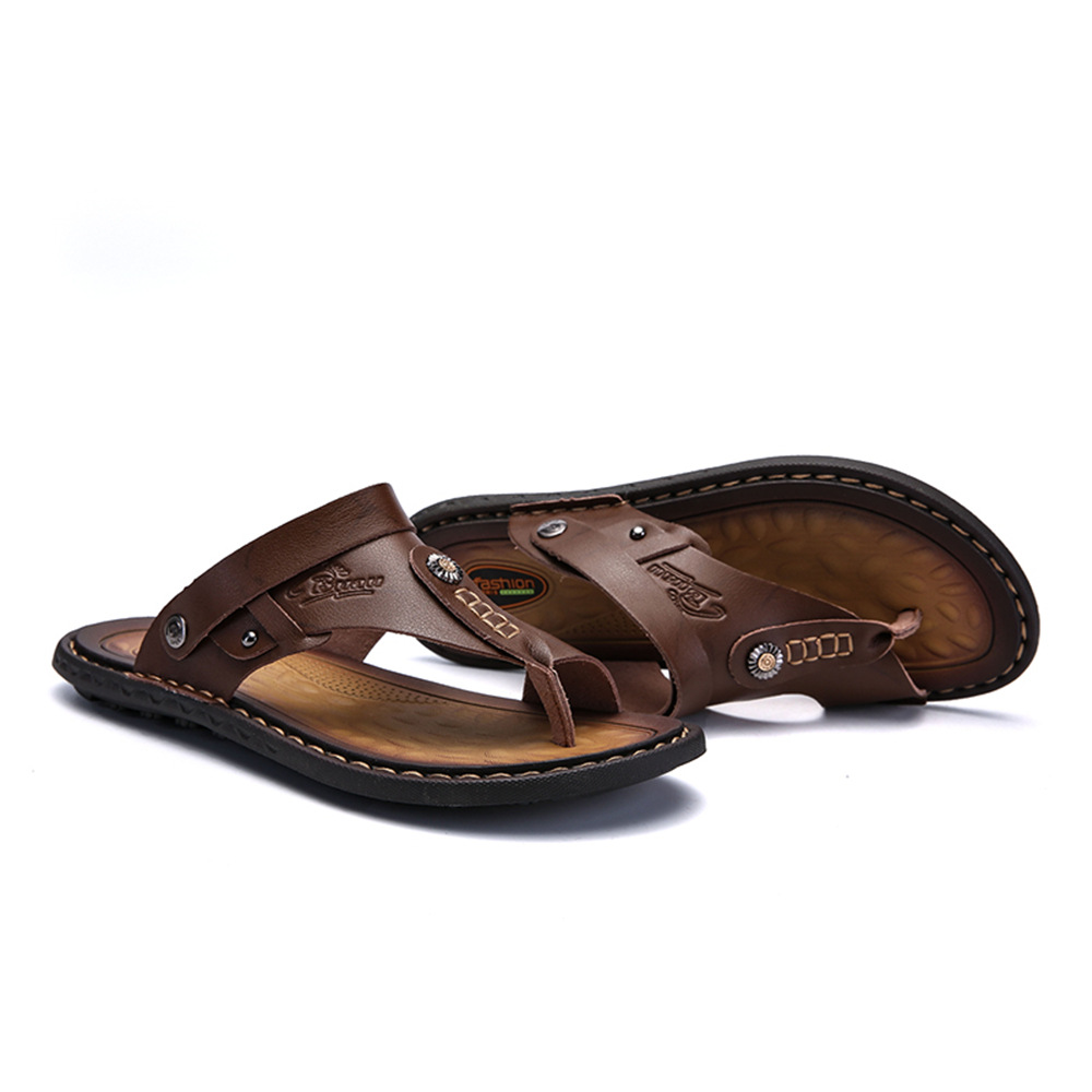 Cross-border New Clip Flip-flops Beach Large Size Cross-border Men's Leather Slip-Flops