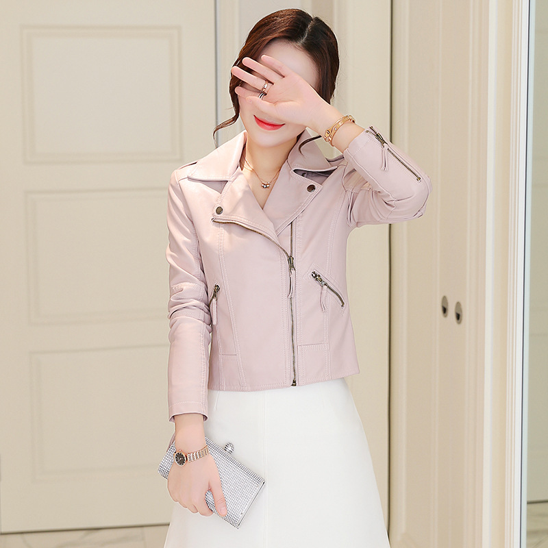 Spring  New Pink Leather Women's Short Jacket Spring and Autumn Korean Style Slim Versatile Leather Coat Small Pew PU Leather