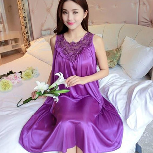 Summer Silk Nightgown Women's Sexy Nightgown Summer Ice Silk Lace Large Dress Solid Color Home Clothes for Hair