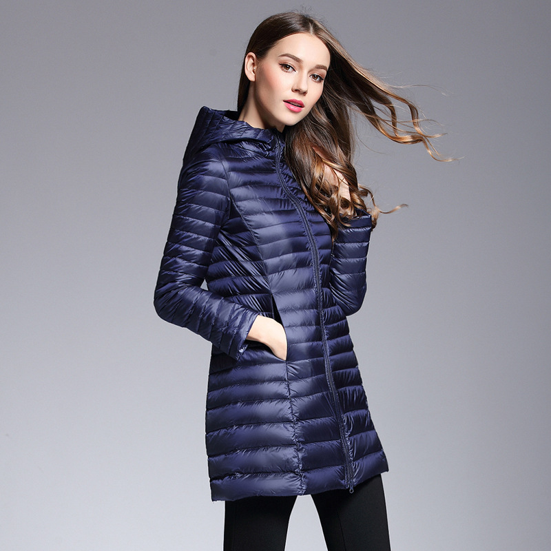 Autumn and Winter Women's Lightweight Mid-length Hooded Slim-fit Down Jacket Large Size Slimming White Duck Down Portable Jacket