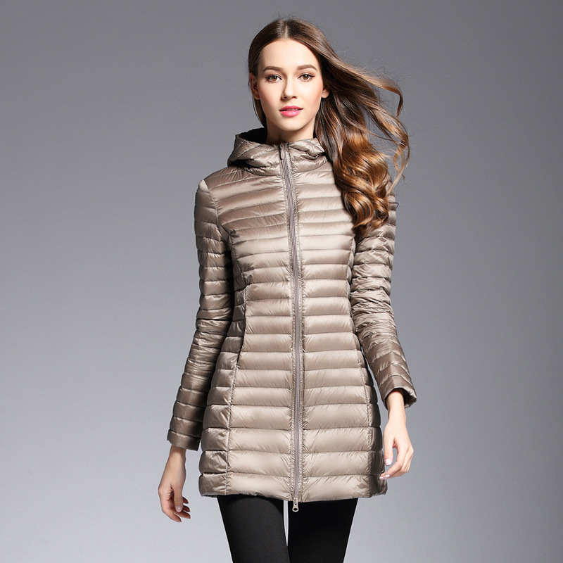 Autumn and Winter Women's Lightweight Mid-length Hooded Slim-fit Down Jacket Large Size Slimming White Duck Down Portable Jacket