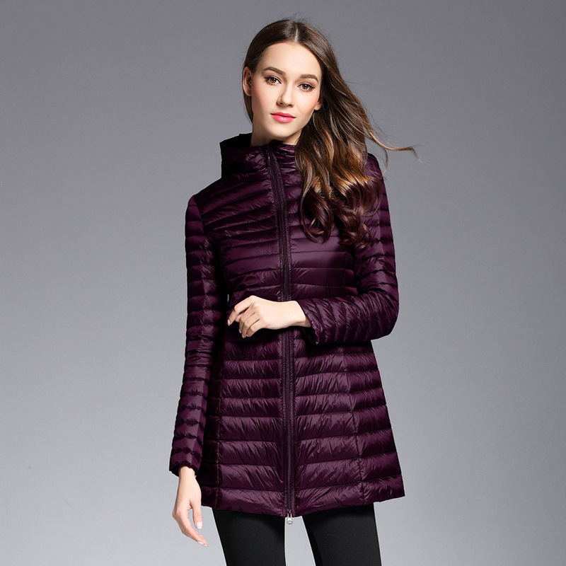Autumn and Winter Women's Lightweight Mid-length Hooded Slim-fit Down Jacket Large Size Slimming White Duck Down Portable Jacket