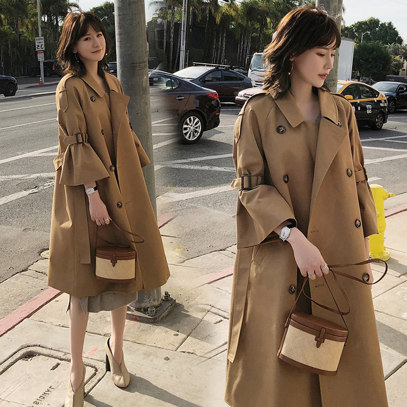 Autumn 2023 New Arrival Trenchcoat Women's Horn Sleeve Korean Mid-length Knee-length Loose Lace-up Coat Double-breasted Jacket