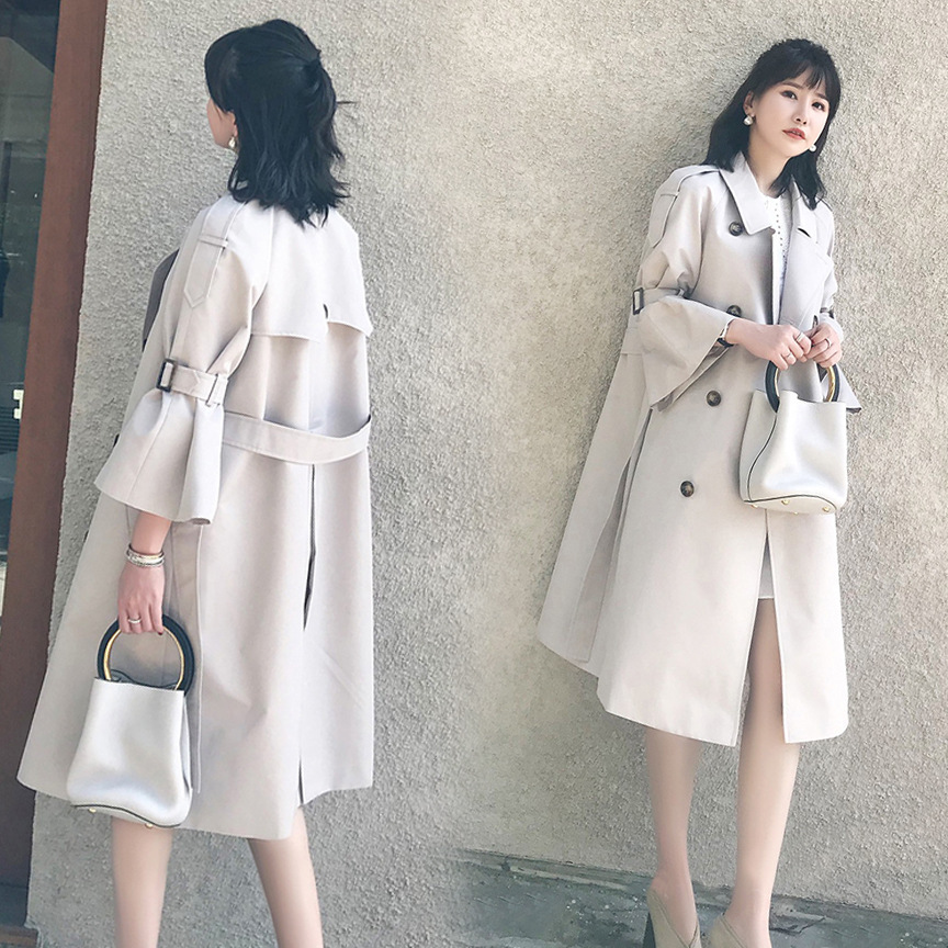 Autumn 2023 New Arrival Trenchcoat Women's Horn Sleeve Korean Mid-length Knee-length Loose Lace-up Coat Double-breasted Jacket