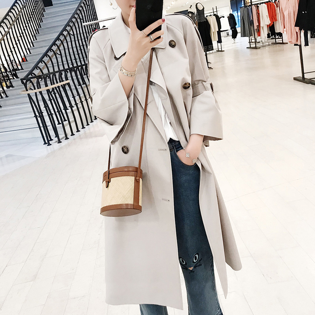 Autumn 2023 New Arrival Trenchcoat Women's Horn Sleeve Korean Mid-length Knee-length Loose Lace-up Coat Double-breasted Jacket