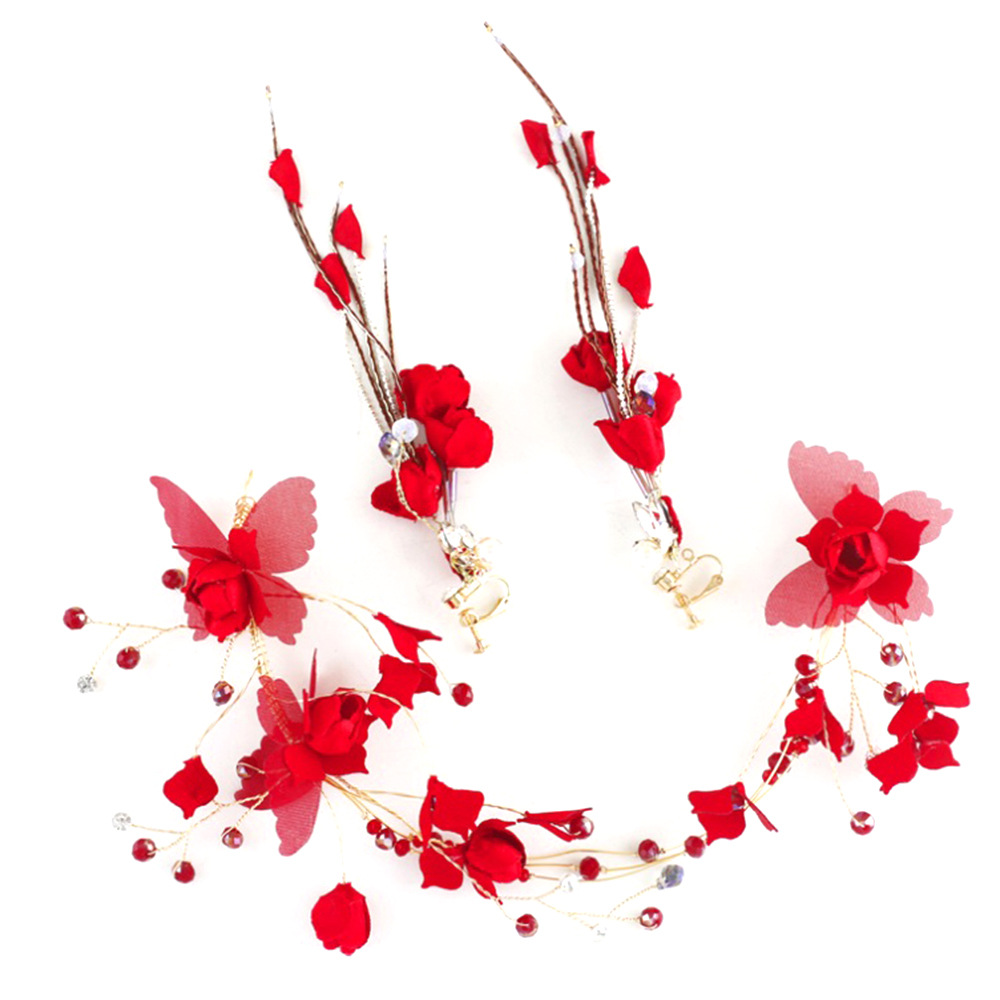 New Red Rose Dress Tiara Hair Band Chinese Bridal Tiara Tassel Earrings Toast Dress Wedding Dress