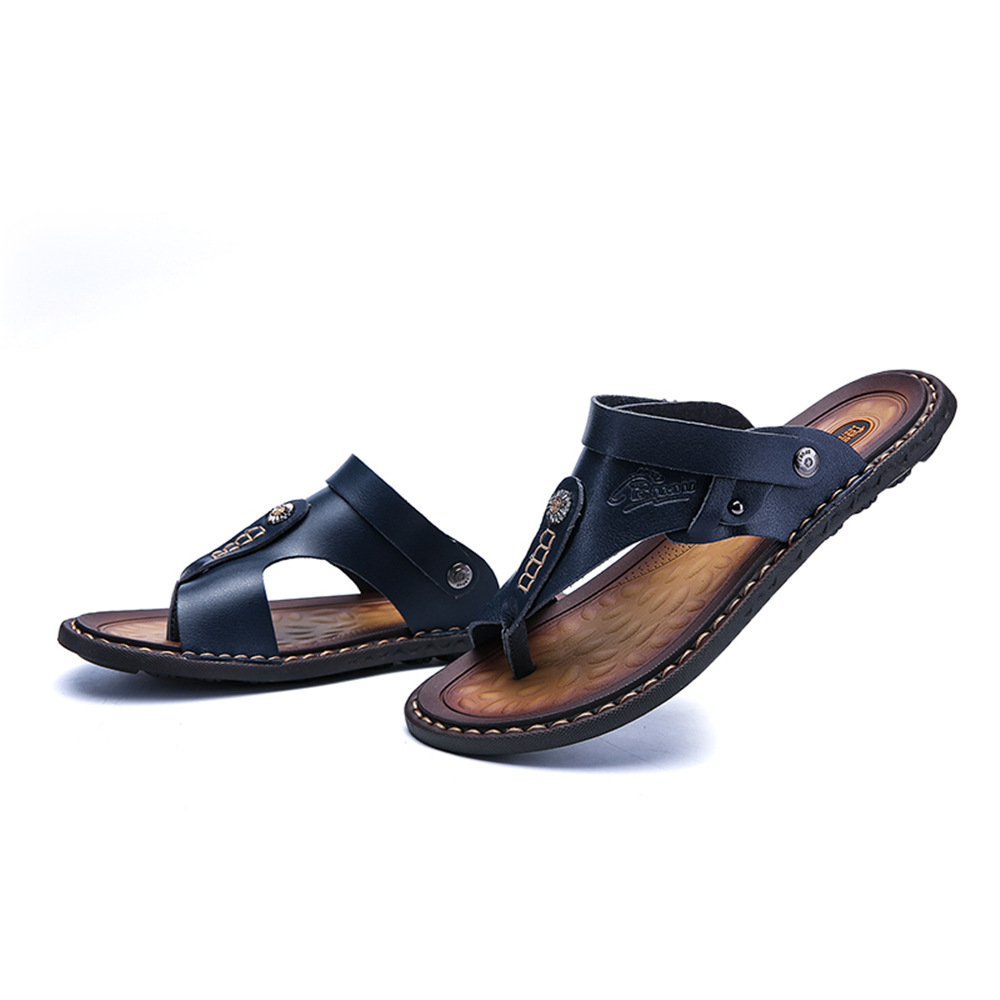 Cross-border New Clip Flip-flops Beach Large Size Cross-border Men's Leather Slip-Flops