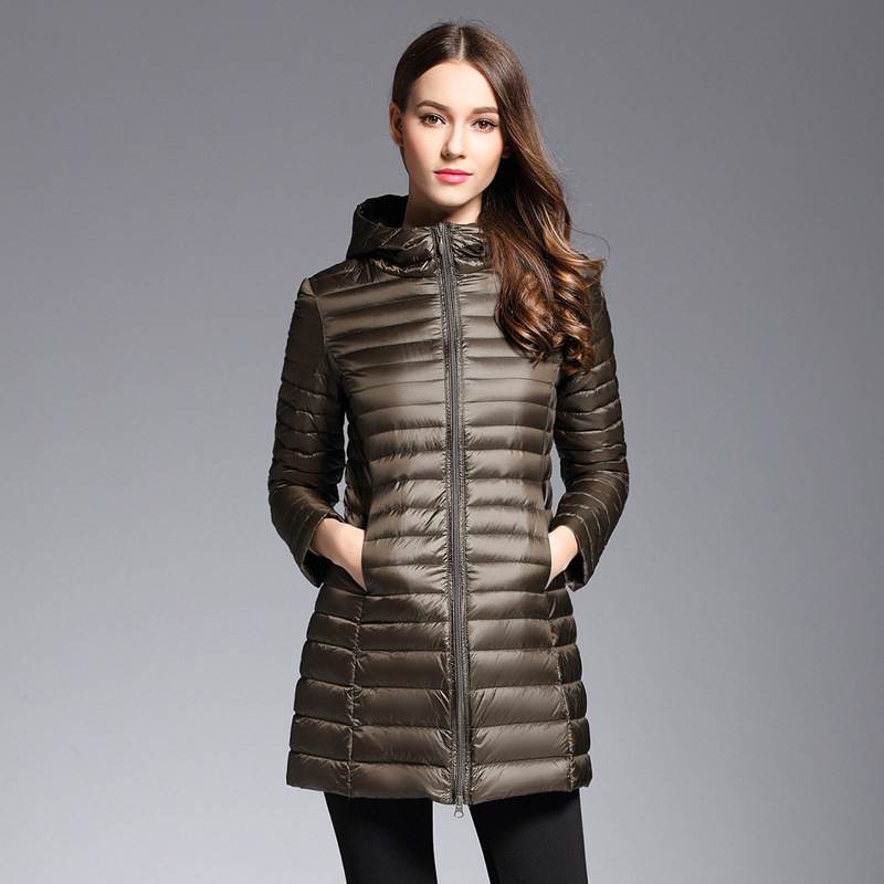 Autumn and Winter Women's Lightweight Mid-length Hooded Slim-fit Down Jacket Large Size Slimming White Duck Down Portable Jacket