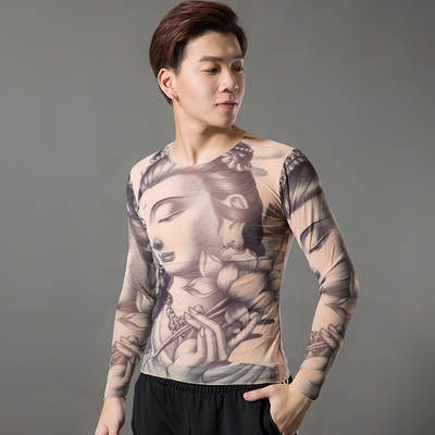 Tattoo Clothes Men's Long-sleeved Flower Arm Tight-fitting Women's Base Tattoo European and American Style Guan Gong Long Buddha Guanyin Printed T-shirt