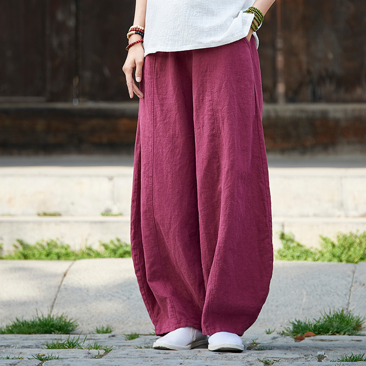 24 Spring and Summer Cotton and Linen Women's Clothing New Product Nian Bai Xiu Textile Guofeng Zen Style Retro Slimming Washed Casual Bloomers Trousers