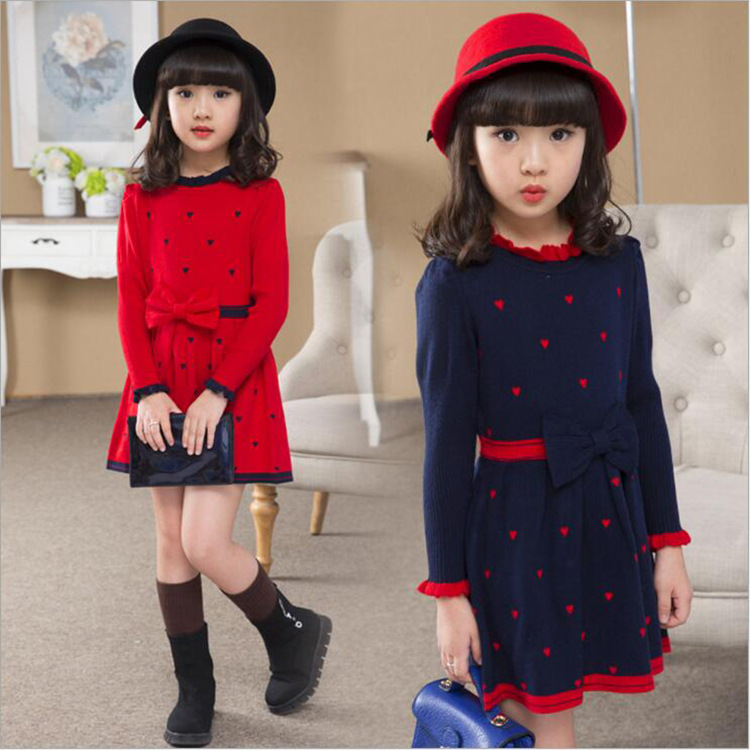 Girls' sweater fleece-lined dress color selection dress long sleeve round neck bow stitching Korean princess dress