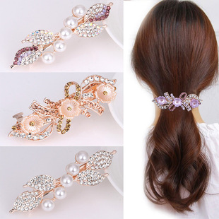 Rhinestone Bow Hairpin Headwear Simple Pearl Alloy Flower Color Fine Pontail Clip Hairpin Hair Accessories Wholesale